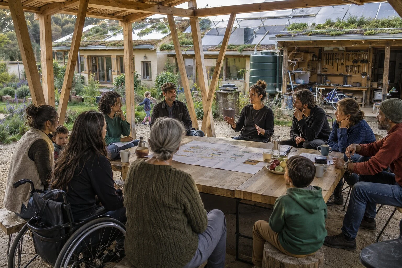 Farklı yaş ve yeteneklerden mahalle sakinlerinin yerleşim planı çevresinde yaptığı doğrudan katılımlı konut meclisi